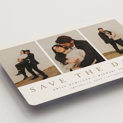 This is a sand save the date magnets with standard by Nicole Walsh called elegant trio printing on magnet paper in magnet