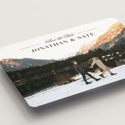 This is a onyx save the date magnets with standard by Jennifer Postorino called centered printing on magnet paper in magnet