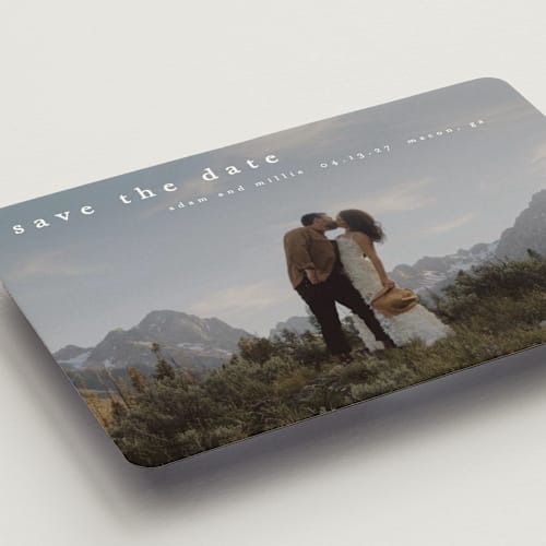 This is a cotton save the date magnets with standard by Stacey Meacham called typographic header printing on magnet paper in magnet