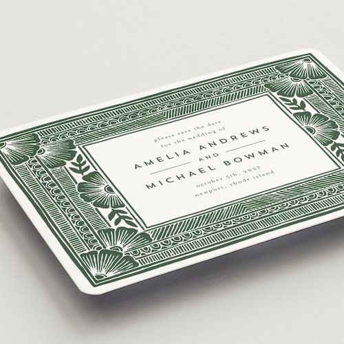 This is a fern save the date magnets with standard by Katharine Watson called block print frame printing on magnet paper in magnet