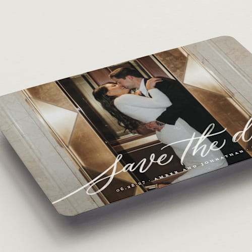 This is a chamomile save the date magnets with standard by Wildfield Paper Co called daisy printing on magnet paper in magnet