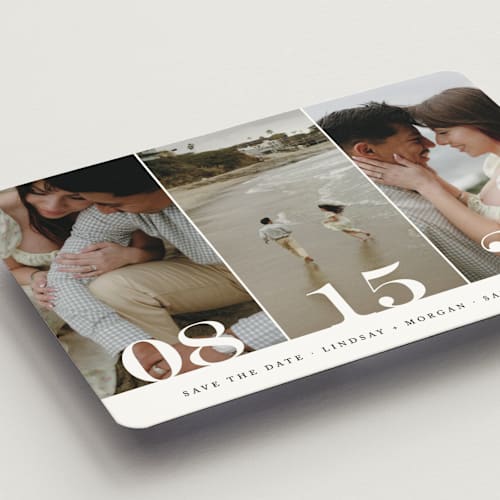This is a noir save the date magnets with standard by Kimberly FitzSimons called trio printing on magnet paper in magnet
