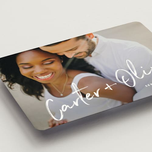 This is a pearl save the date magnets with standard by Owl and Toad called signature printing on magnet paper in magnet