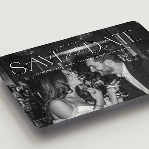 This is a pearl save the date magnets with standard by Brooke Chandler called elegant fete printing on magnet paper in magnet