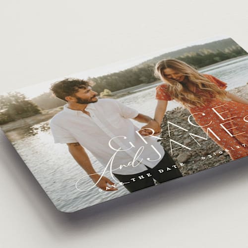 This is a snow save the date magnets with standard by Angela Thompson called namesake printing on magnet paper in magnet