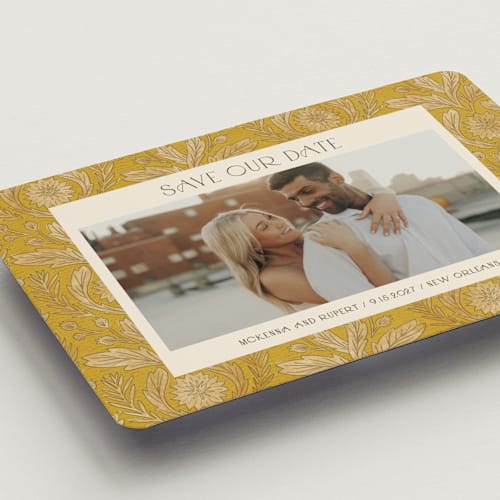 This is a marigold save the date magnets with standard by Jen Owens called morris printing on magnet paper in magnet