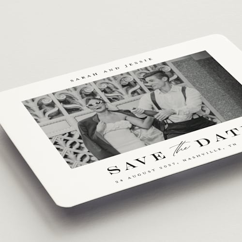 This is a midnight save the date magnets with standard by Stacey Meacham called classic charm printing on magnet paper in magnet