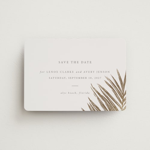 This is a sand save the date magnets with foil pressed by Melinda Denison called gilded palm printing on magnet paper in magnet