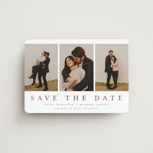 This is a lace save the date magnets with foil pressed by Nicole Walsh called elegant trio printing on magnet paper in magnet