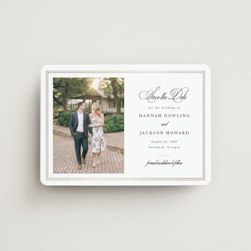This is a snow save the date magnets with foil pressed by Sarah Brown called traditionally printing on magnet paper in magnet