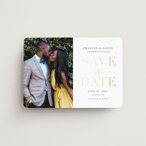This is a gold giltz save the date magnets with foil pressed by Stacey Meacham called simply striking printing on magnet paper in magnet