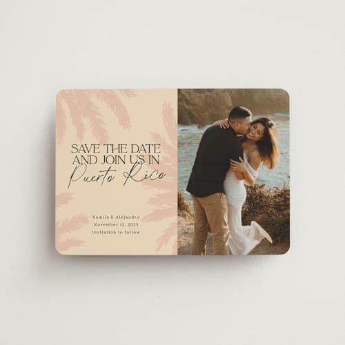 This is a sand save the date magnets with standard by Inkblot Design called destination dream printing on magnet paper in magnet