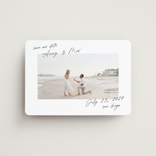 This is a pearl save the date magnets with standard by Lindsay Megahed called joyful jot printing on magnet paper in magnet