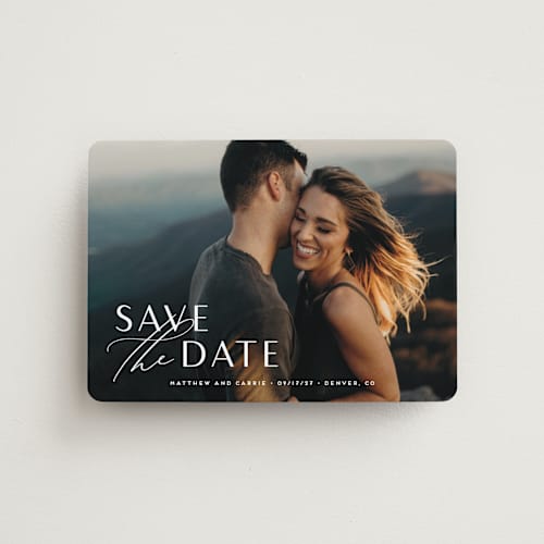 This is a pearl save the date magnets with standard by Jennifer Postorino called eloquent printing on magnet paper in magnet