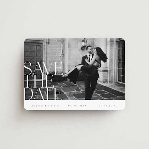 This is a pearl save the date magnets with standard by Ana de Sousa called editorial lettering printing on magnet paper in magnet