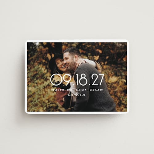 This is a snow save the date magnets with standard by Lisa Assenmacher called presenting printing on magnet paper in magnet