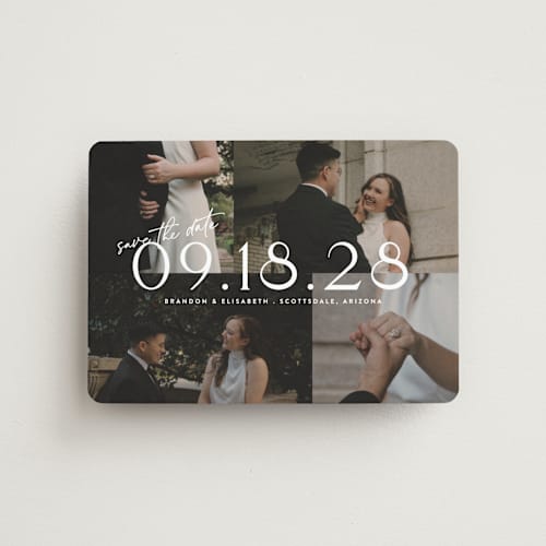 This is a opal save the date magnets with standard by Cat Caudillo called love snaps printing on magnet paper in magnet