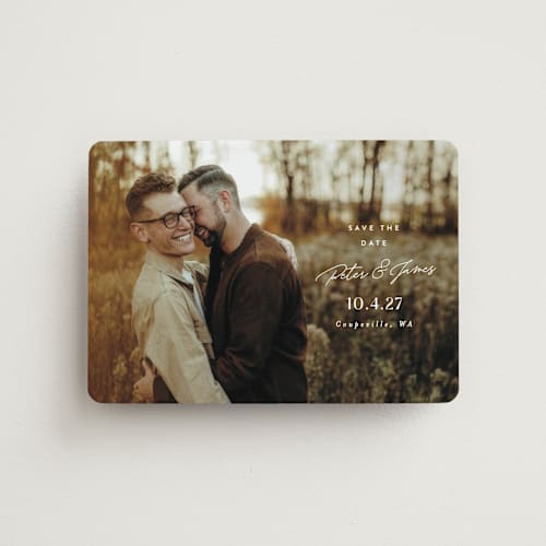This is a snow save the date magnets with standard by Alethea and Ruth called side stack printing on magnet paper in magnet
