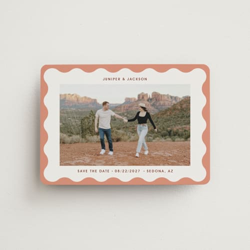 This is a apricot save the date magnets with standard by Kelly Watkins called wavy frame printing on magnet paper in magnet