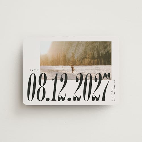 This is a ecru save the date magnets with standard by Jackie Crawford called big bold date printing on magnet paper in magnet