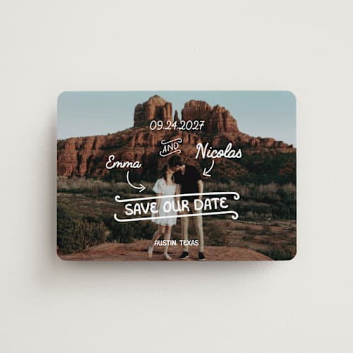 This is a morning save the date magnets with standard by Helena Vitto called love lettering printing on magnet paper in magnet
