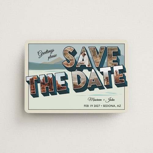 This is a glacier save the date magnets with standard by Ashley Bird called a retro save the date printing on magnet paper in magnet