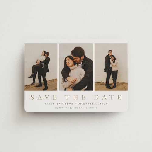 This is a sand save the date magnets with standard by Nicole Walsh called elegant trio printing on magnet paper in magnet