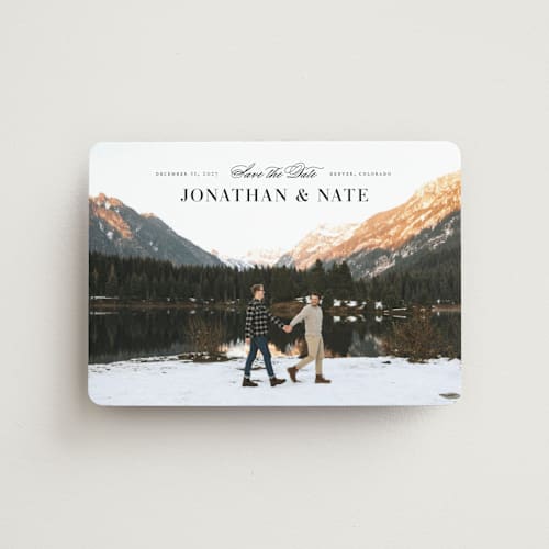 This is a onyx save the date magnets with standard by Jennifer Postorino called centered printing on magnet paper in magnet