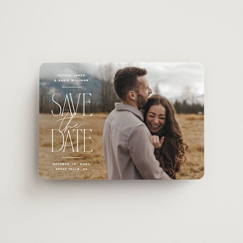 This is a cotton save the date magnets with standard by Owl and Toad called monument printing on magnet paper in magnet