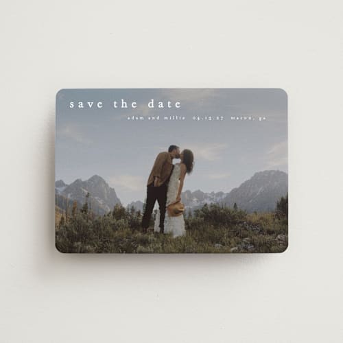 This is a cotton save the date magnets with standard by Stacey Meacham called typographic header printing on magnet paper in magnet
