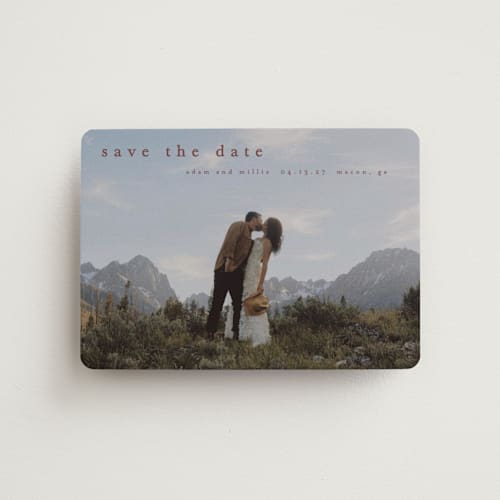 This is a mulberry save the date magnets with standard by Stacey Meacham called typographic header printing on magnet paper in magnet