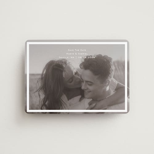 This is a quartz save the date magnets with standard by Jenny Millington called boxed in printing on magnet paper in magnet