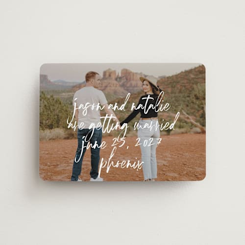 This is a marshmallow save the date magnets with standard by Keen Peachy called oh by the way printing on magnet paper in magnet