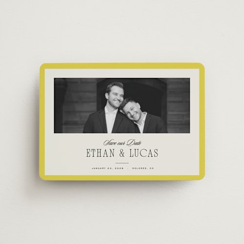 This is a citron save the date magnets with standard by Blustery August called mille-feuille printing on magnet paper in magnet