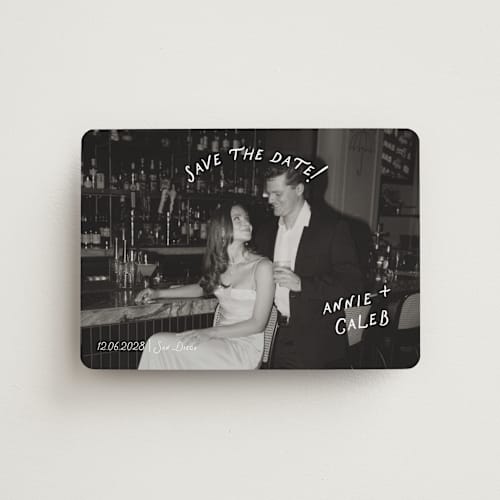 This is a ivory save the date magnets with standard by Stephanie Heinrich Godbout called lovers printing on magnet paper in magnet