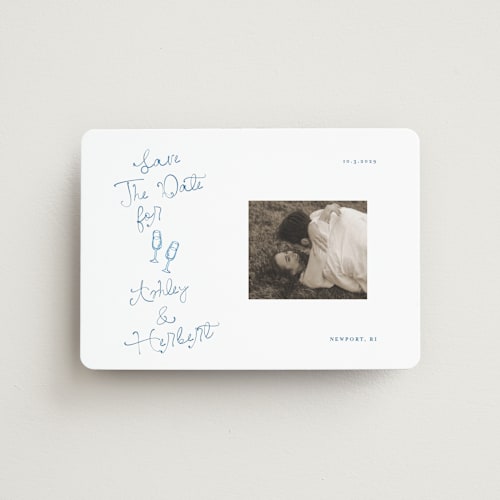 This is a cerulean save the date magnets with standard by Tamara Hilje called positano printing on magnet paper in magnet