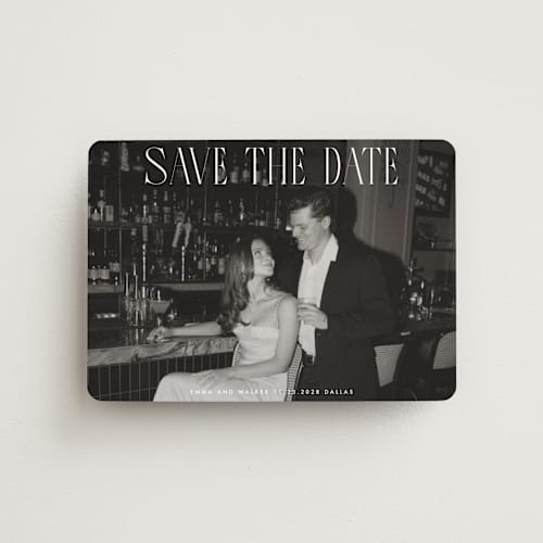 This is a snow save the date magnets with standard by Maja Cunningham called classic timeless printing on magnet paper in magnet