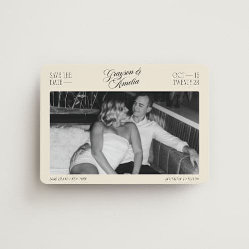 This is a cream save the date magnets with standard by Robert and Stella called opening titles printing on magnet paper in magnet