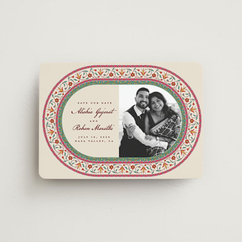 This is a ivory save the date magnets with standard by Sherley Ferreira called mughal gardens printing on magnet paper in magnet