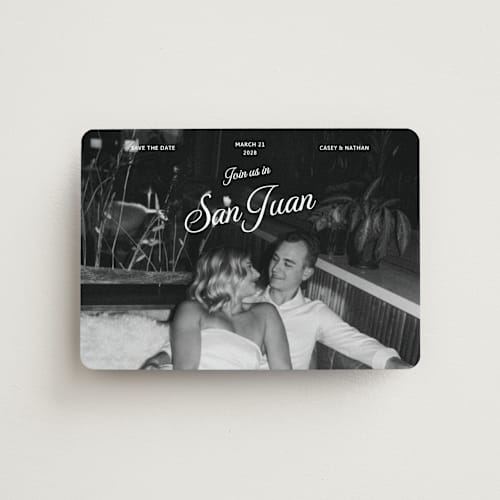 This is a snow save the date magnets with standard by Inkblot Design called vintage trip printing on magnet paper in magnet