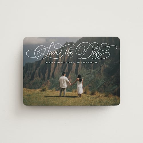 This is a pearl save the date magnets with standard by Kristen Smith called arched script printing on magnet paper in magnet