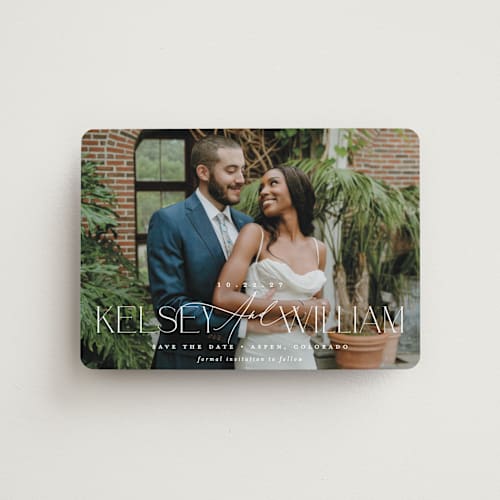 This is a pearl save the date magnets with standard by Brooke Chandler called l'amour printing on magnet paper in magnet