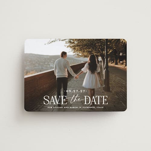 This is a powder save the date magnets with standard by Carolyn MacLaren called together forever printing on magnet paper in magnet