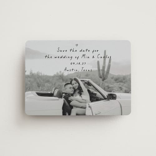 This is a noir save the date magnets with standard by Olivia Raufman called noted printing on magnet paper in magnet