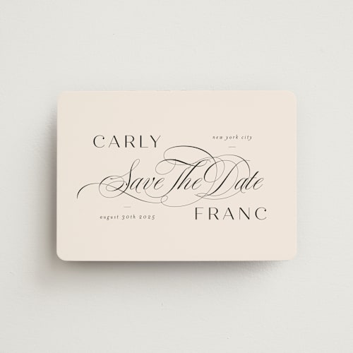 This is a blush save the date magnets with standard by Lori Wemple called soiree printing on magnet paper in magnet