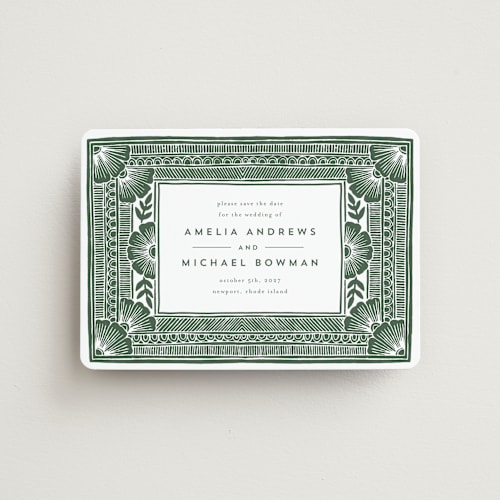 This is a fern save the date magnets with standard by Katharine Watson called block print frame printing on magnet paper in magnet