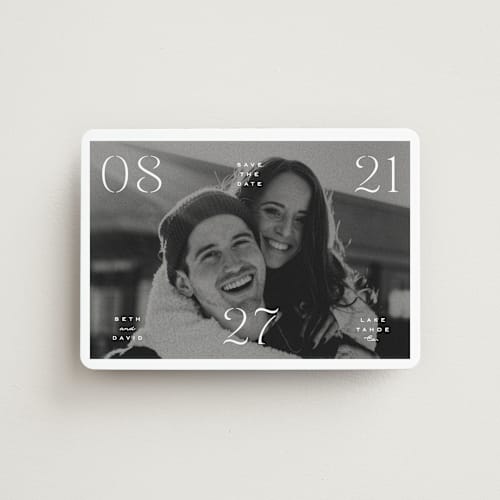 This is a classic save the date magnets with standard by Olivia Kanaley Inman called elements printing on magnet paper in magnet