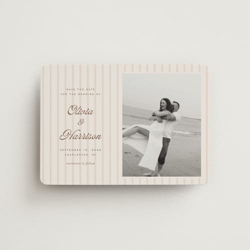 This is a cream save the date magnets with standard by Ellen Schlegelmilch called harrison printing on magnet paper in magnet