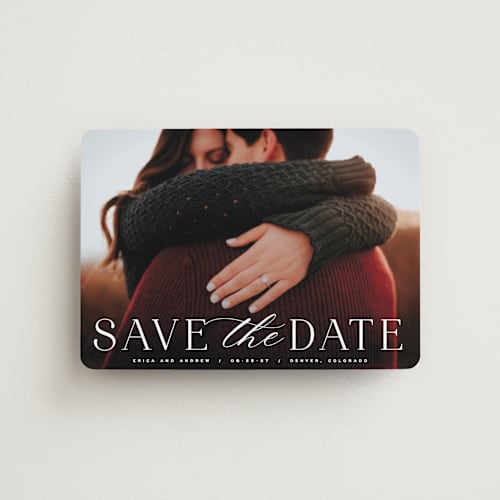 This is a dove save the date magnets with standard by Hooray Creative called classic serif printing on magnet paper in magnet