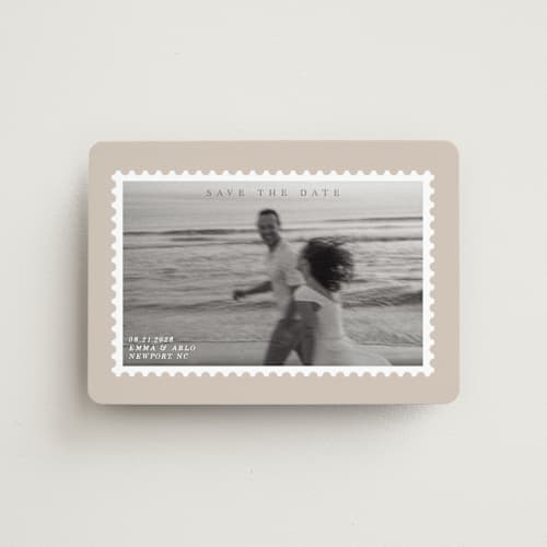 This is a taupe save the date magnets with standard by Claire called stamp printing on magnet paper in magnet